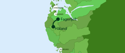 Kart med strek mellom Håland og Fagrafjell