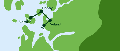 Stillert kart med grønn bakgrunn som illustrerer behov for nye forbindelser mellom transformatorstasjoner på Veland, Tau, Finnøy og Nordbø