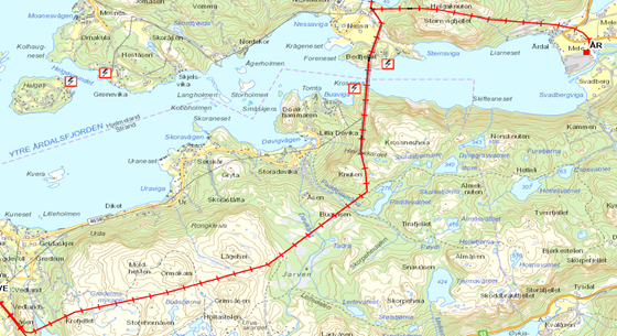 Kart med rød strek som markerer hvor dagens kraftlinje krysser Årdalsfjorden