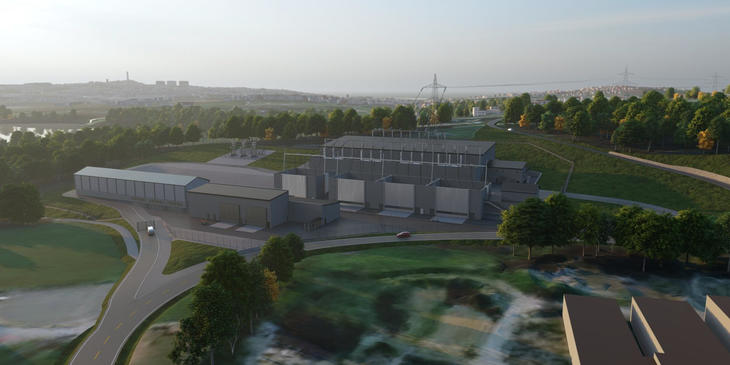 Illustrasjon som viser alternativ forslag til ny gassisolert transformatorstasjon på Stølaheia i Stavanger. Tre grå bygninger sett fra luften.