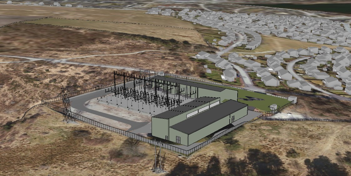 Illustrasjon av foreslått oppgradering av Ullandhaug transformatorstasjon. Foreslått nybygg til høyre i illustrasjonen. 