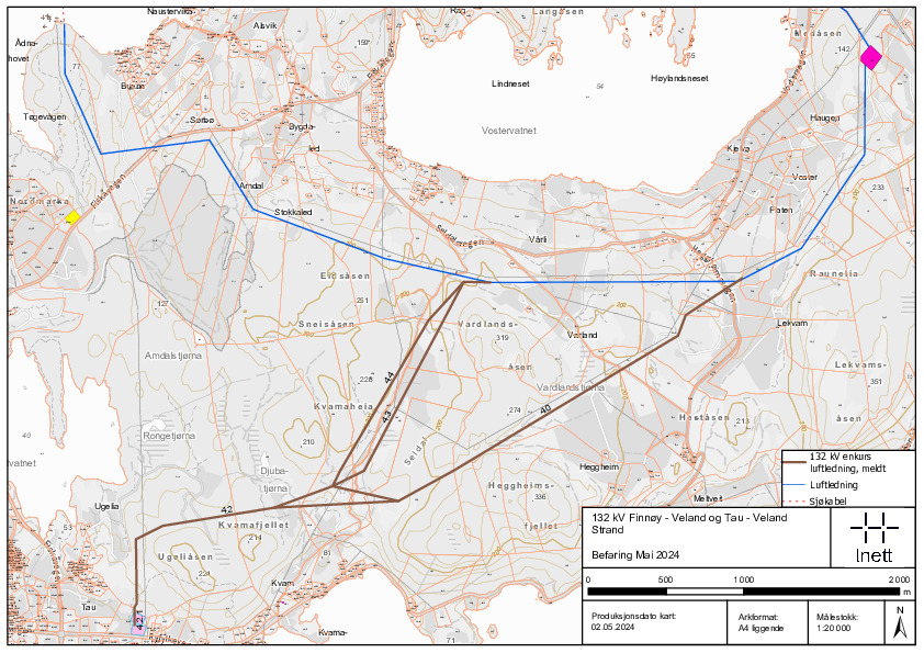Kart med påtegnet forslag til trase for kraftledninger